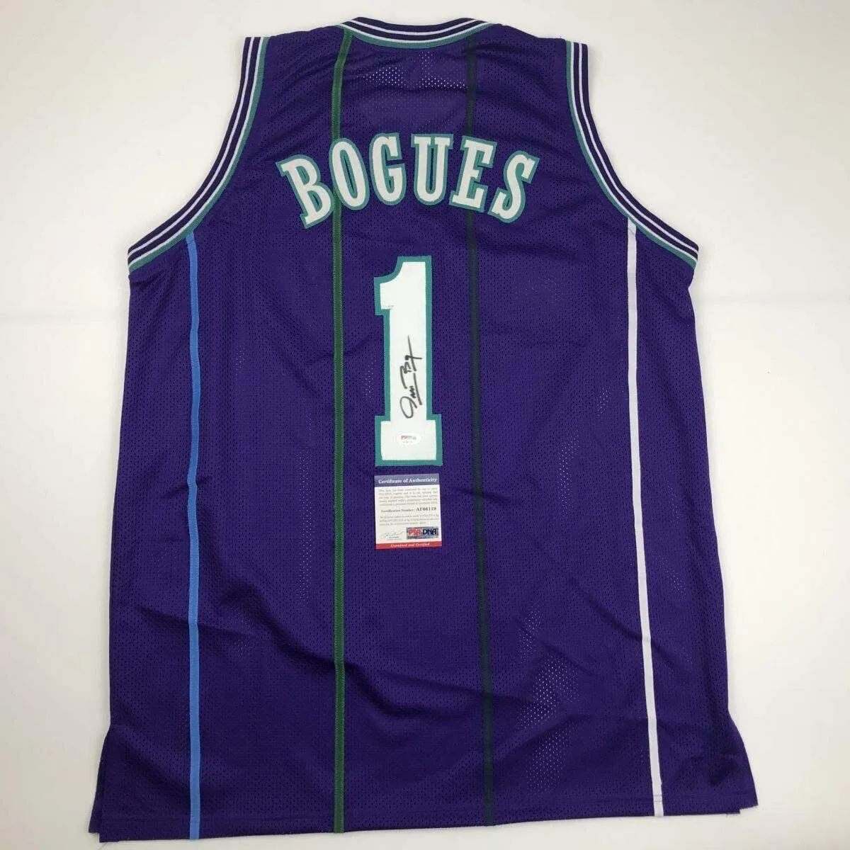 Autographed/Signed MUGGSY BOGUES Charlotte Purple Basketball Jersey PSA/DNA COA