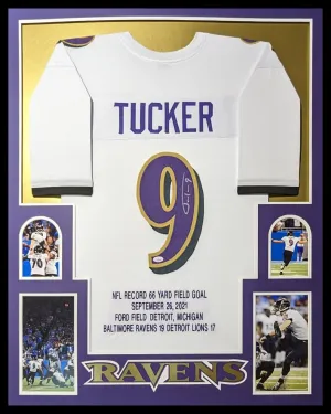 FRAMED BALTIMORE RAVENS JUSTIN TUCKER AUTOGRAPHED SIGNED STAT JERSEY JSA COA